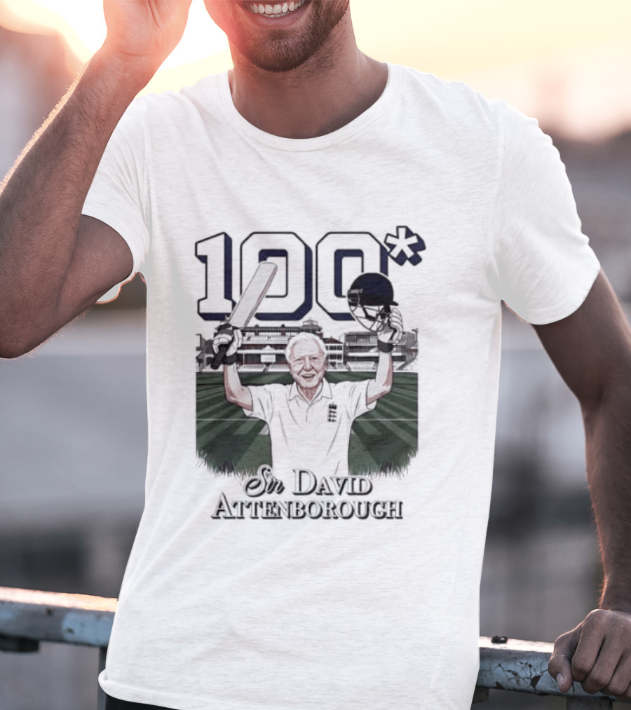 Sir David Attenborough 100 Celebration Cricket Bat And Helmet Raised T-Shirt