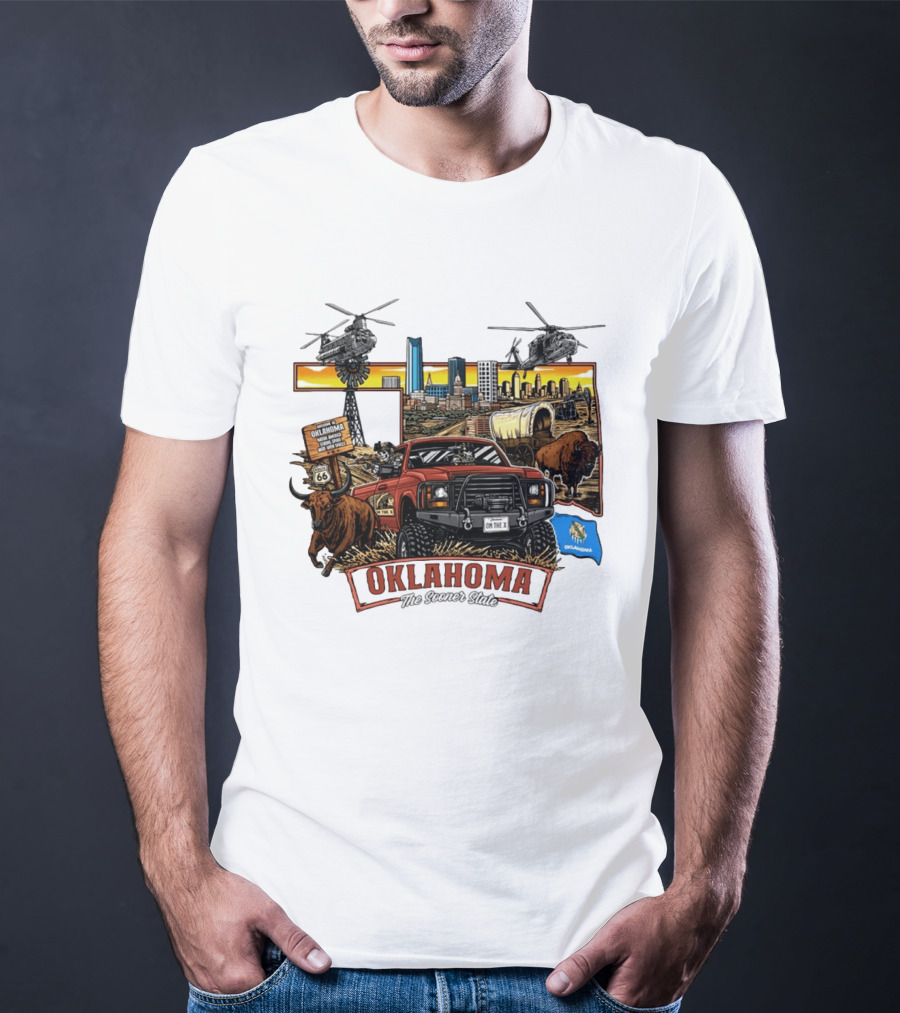 Oklahoma The Sooner State Route 66 Buffalo Cityscape Helicopters T-Shirt