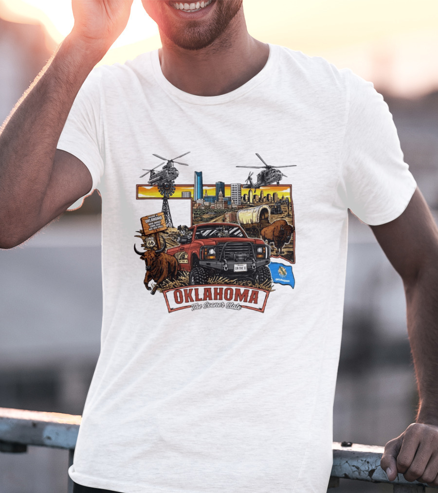 Oklahoma The Sooner State Route 66 Buffalo Cityscape Helicopters T-Shirt