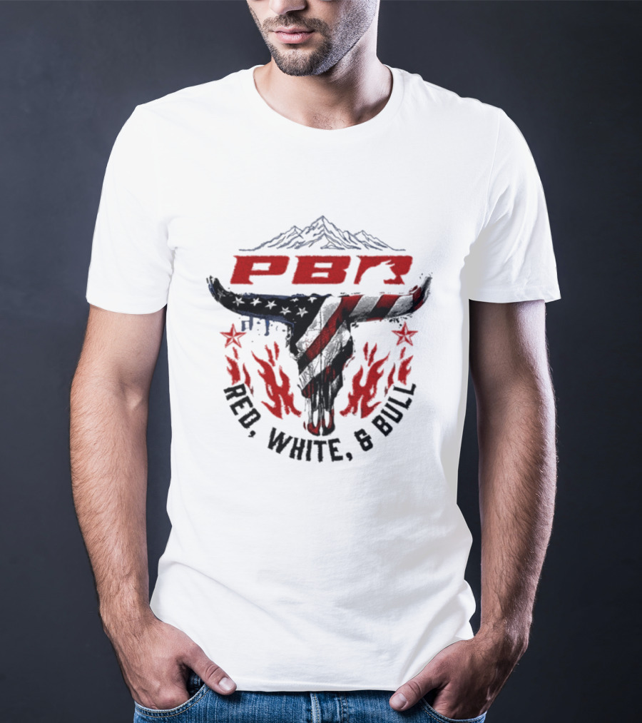 PBR Red White And Bull Mountain Skull Stars And Flames T-Shirt