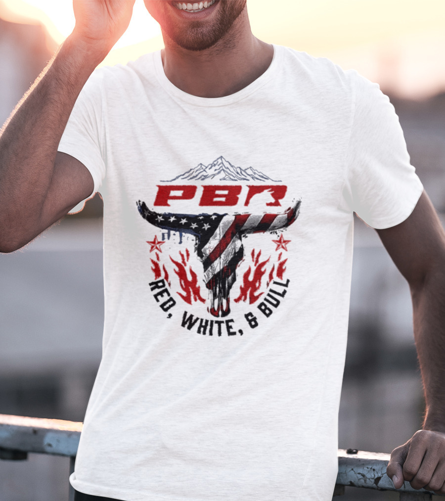 PBR Red White And Bull Mountain Skull Stars And Flames T-Shirt