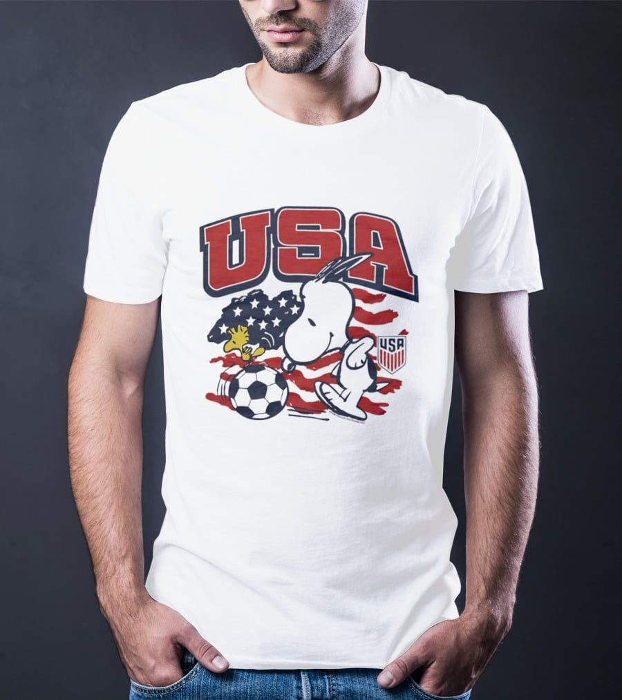 USA Soccer Snoopy And Woodstock Peanuts Characters With American Flag T-Shirt