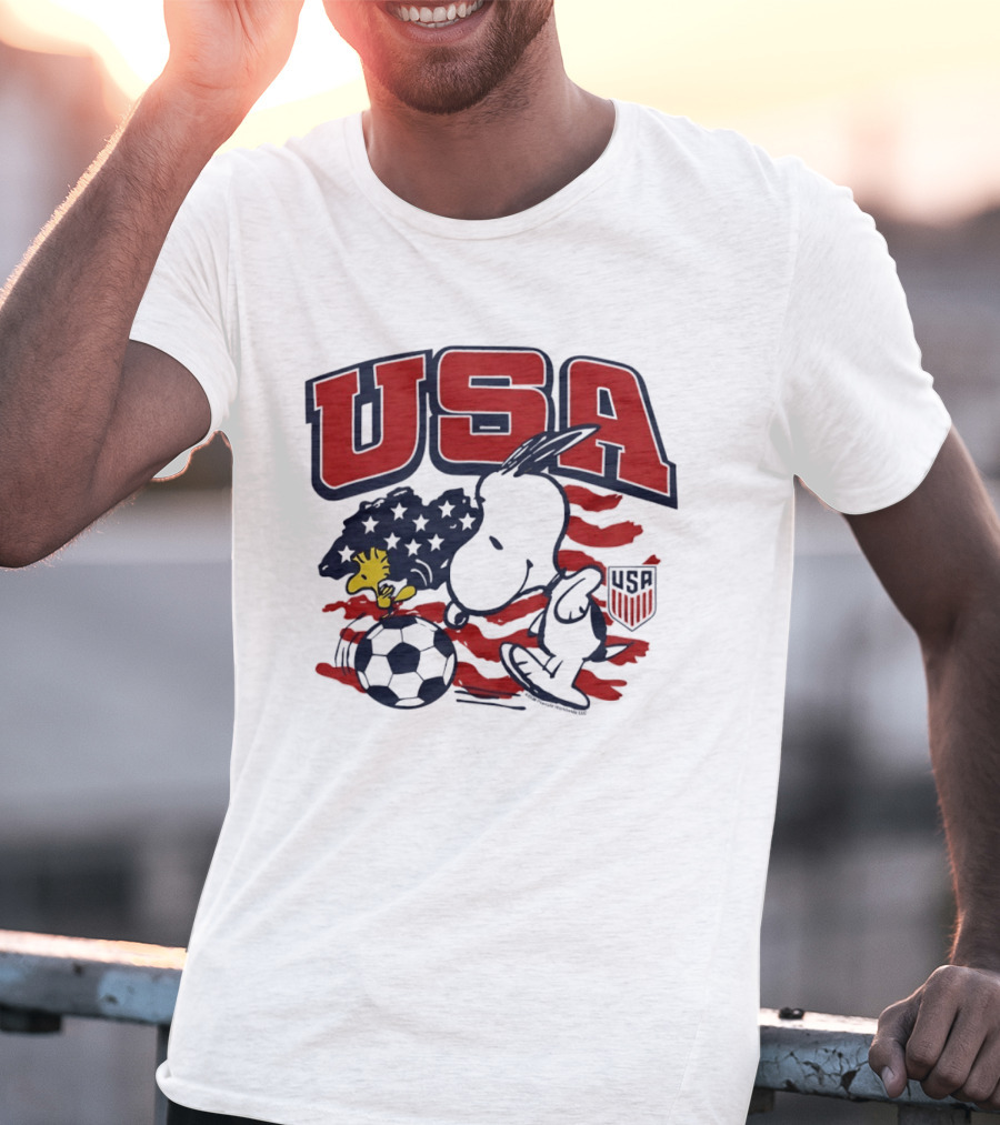 USA Soccer Snoopy And Woodstock Peanuts Characters With American Flag T-Shirt