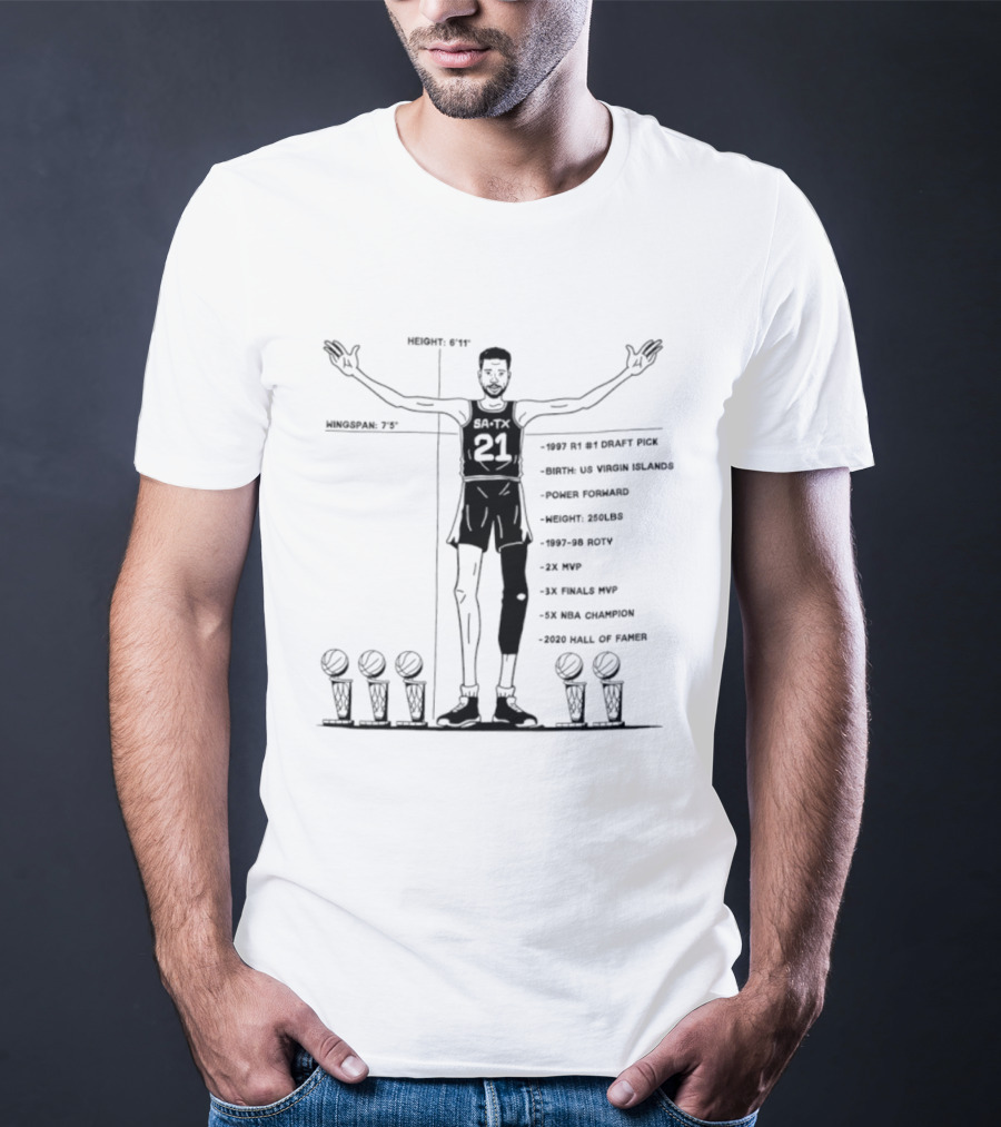 Spurs Tim Duncan 1997 R1 #1 Draft Pick Power Forward 1997 98 ROTY Virgin Islands 2003 Hall Of Fame 15x NBA All Star 2x NBA MVP 5x NBA Champion T-Shirt