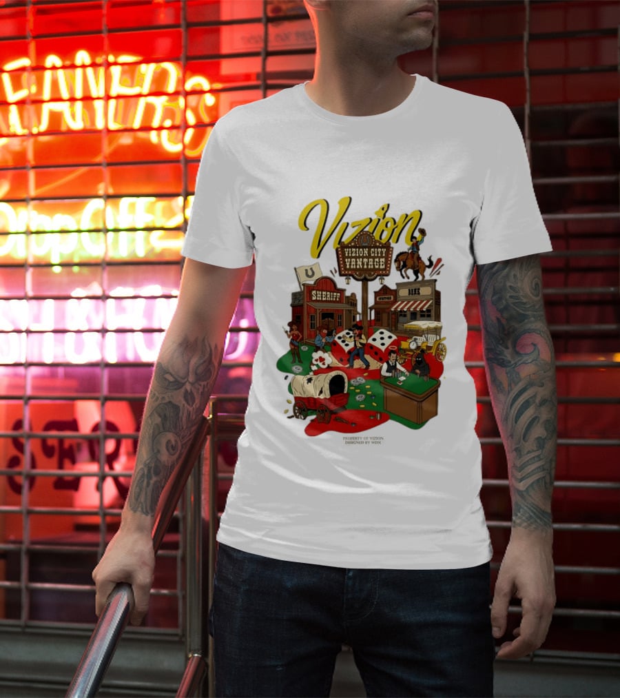 Vizion City Vantage Wild West Cowboy Town Dice Saloon Sheriff Wagon Horse T-Shirt