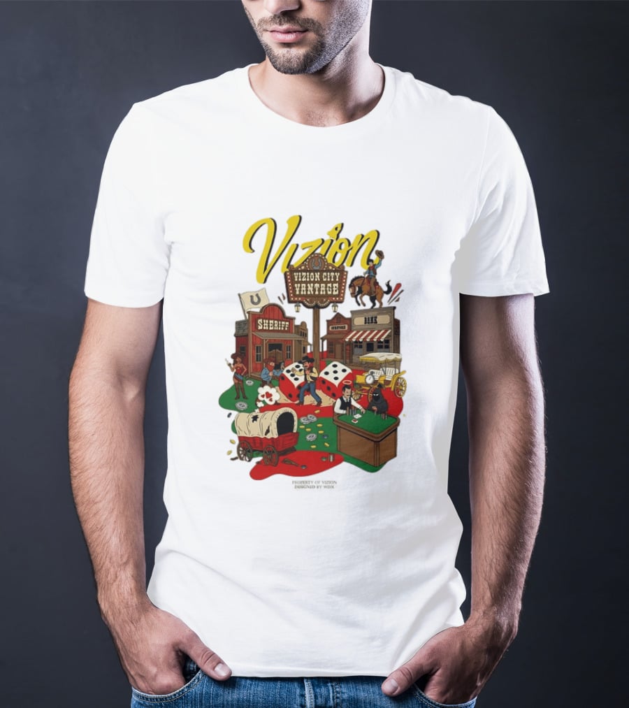 Vizion City Vantage Wild West Cowboy Town Dice Saloon Sheriff Wagon Horse T-Shirt