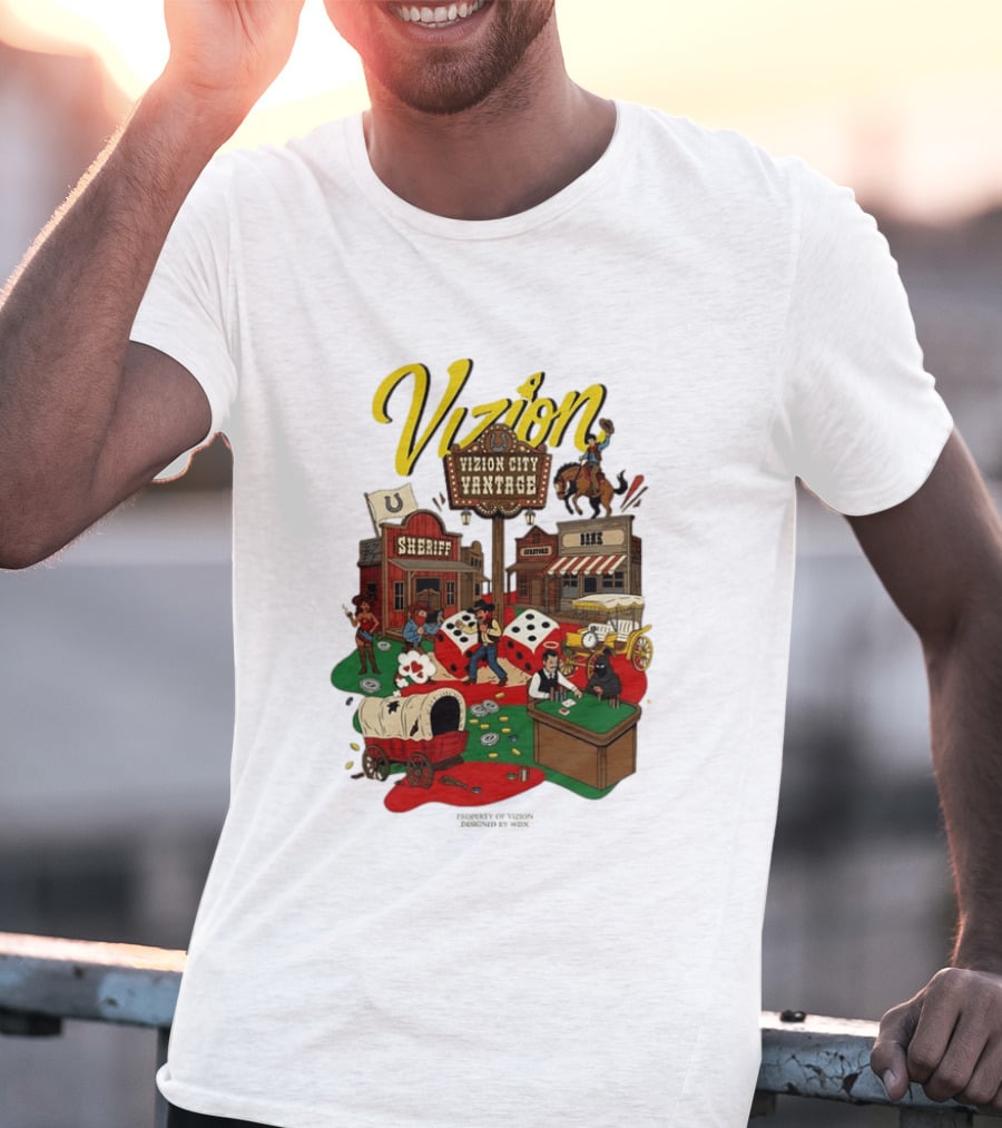 Vizion City Vantage Wild West Cowboy Town Dice Saloon Sheriff Wagon Horse T-Shirt