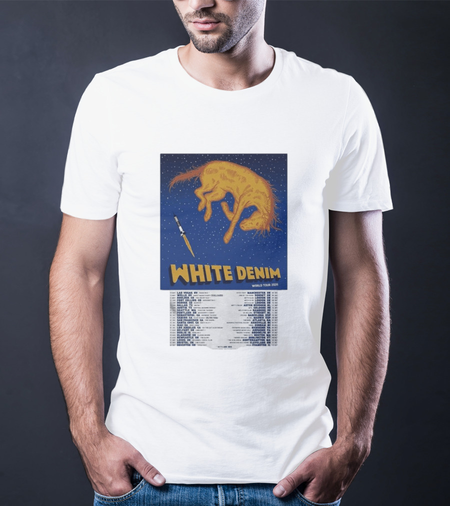 White Denim World Tour 2026 Tour Dates And Cities With Starry Night Horse Scene T-Shirt