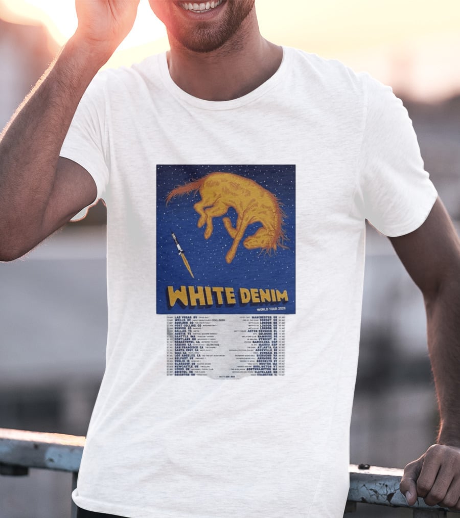 White Denim World Tour 2026 Tour Dates And Cities With Starry Night Horse Scene T-Shirt