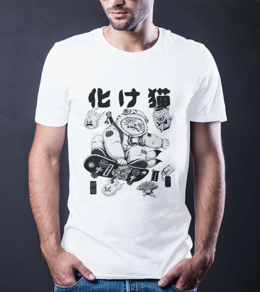 Bakeneko Gang Skateboarding Cat Demon Kanji T-Shirt