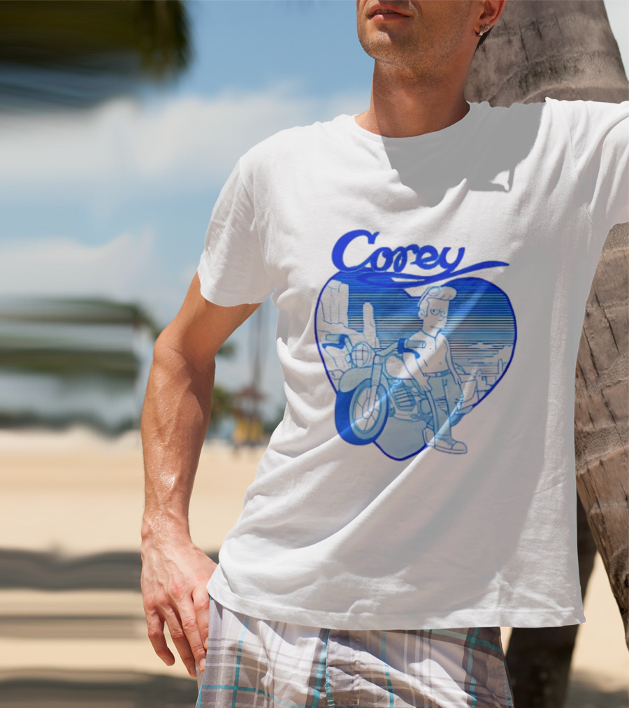 Corey Simpson Motorcycle In Heart Retro Cartoon Style With Blue Desert T-Shirt