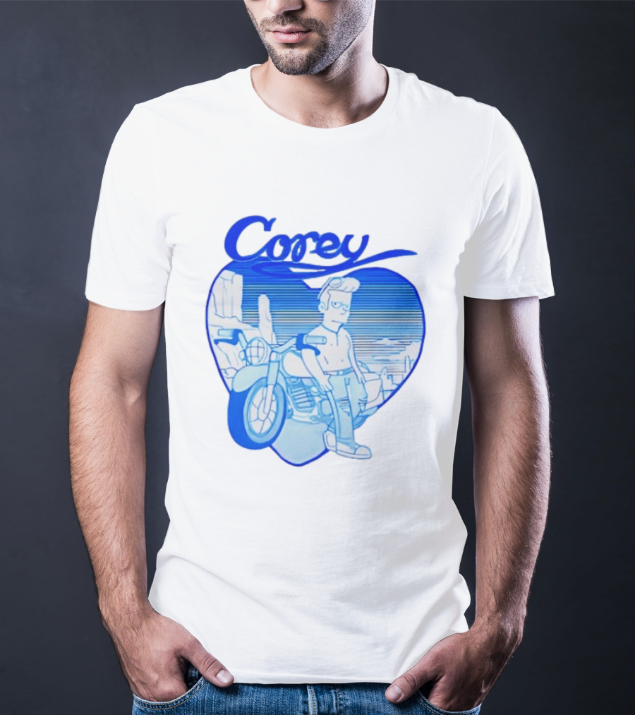 Corey Simpson Motorcycle In Heart Retro Cartoon Style With Blue Desert T-Shirt