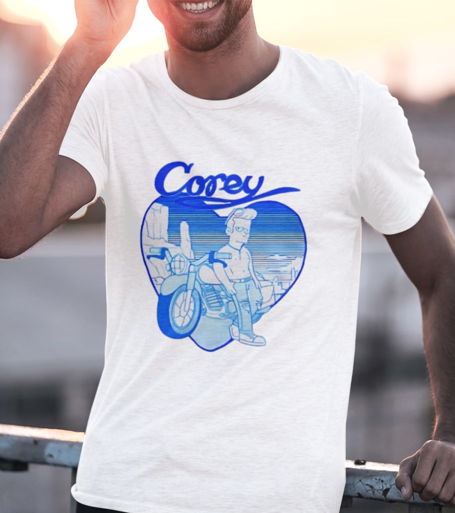Corey Simpson Motorcycle In Heart Retro Cartoon Style With Blue Desert T-Shirt