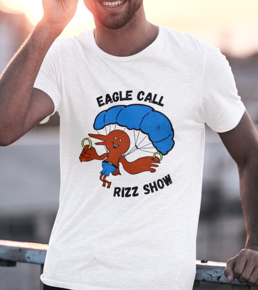 Eagle Call Rizz Show Parachuting Bird Character With Blue Canopy T-Shirt