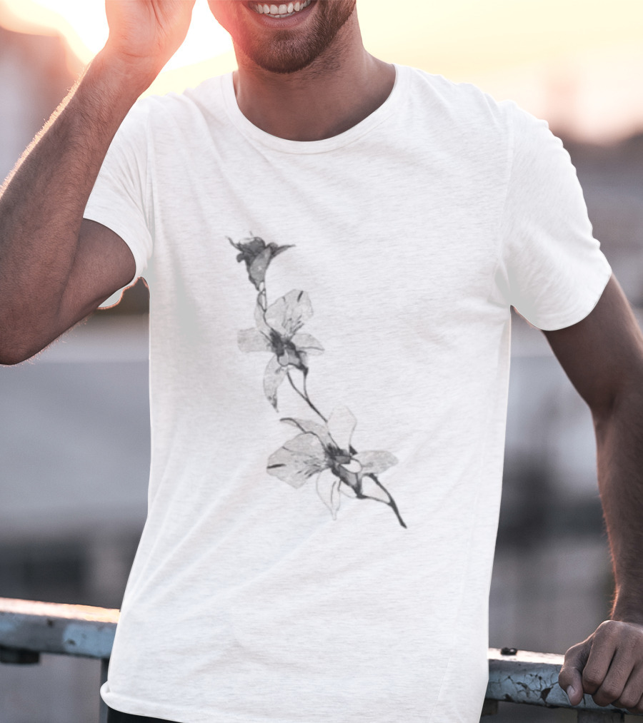 Orchid Flower Botanical Illustration Monochrome Blossom Print T-Shirt