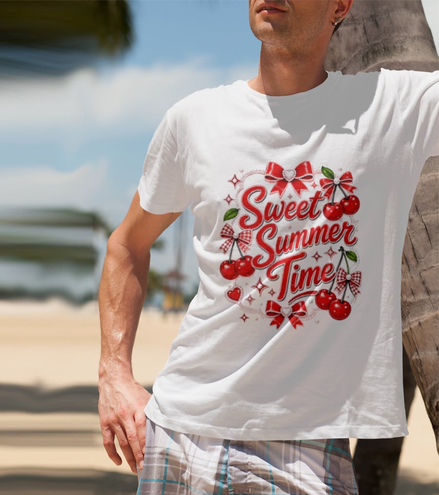 Sweet Summer Time Cherry Pearl Ribbon Hearts Bows T-Shirt