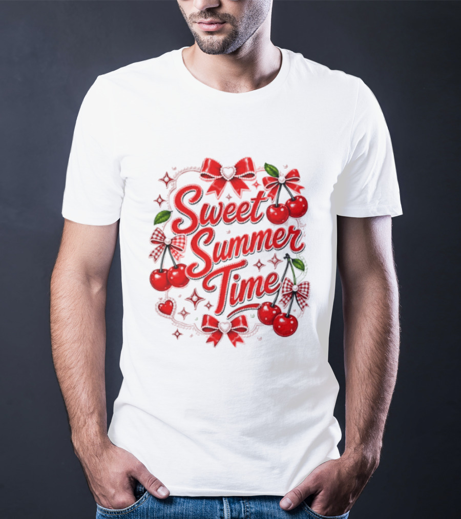 Sweet Summer Time Cherry Pearl Ribbon Hearts Bows T-Shirt