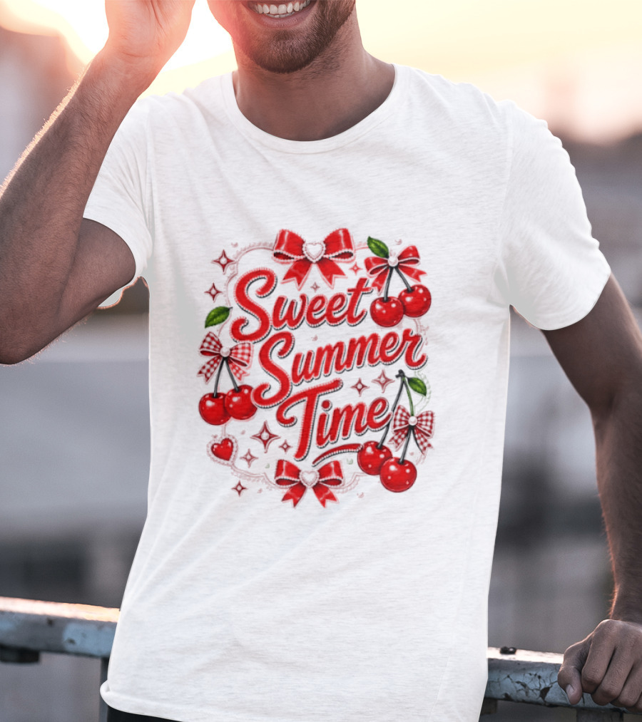 Sweet Summer Time Cherry Pearl Ribbon Hearts Bows T-Shirt