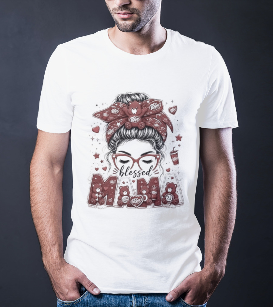Messy Bun Dr Pepper Blessed Mama Glasses And Bandana T-Shirt