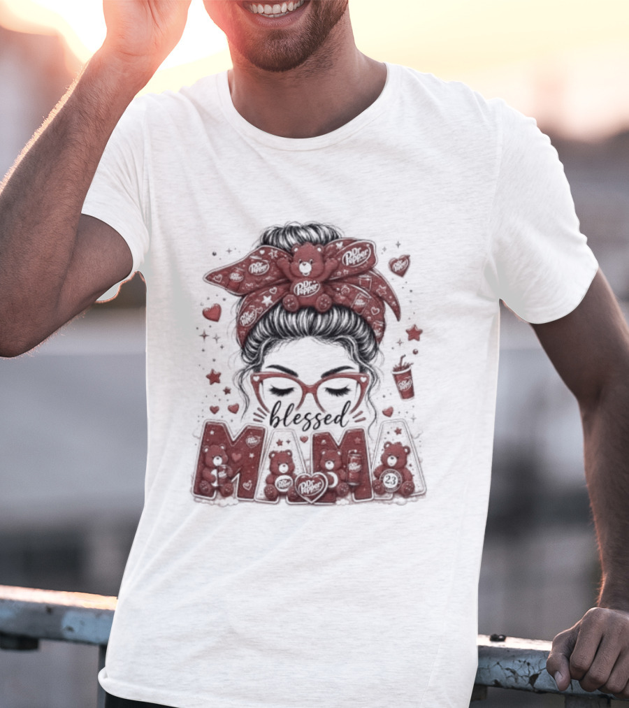 Messy Bun Dr Pepper Blessed Mama Glasses And Bandana T-Shirt