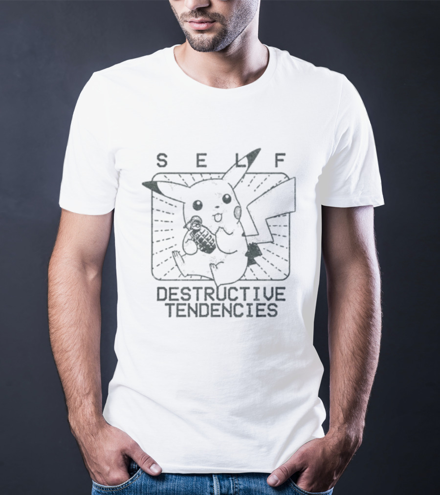Pikachu Self Destructive Tendencies Featuring Iconic Electric Mouse Image T-Shirt