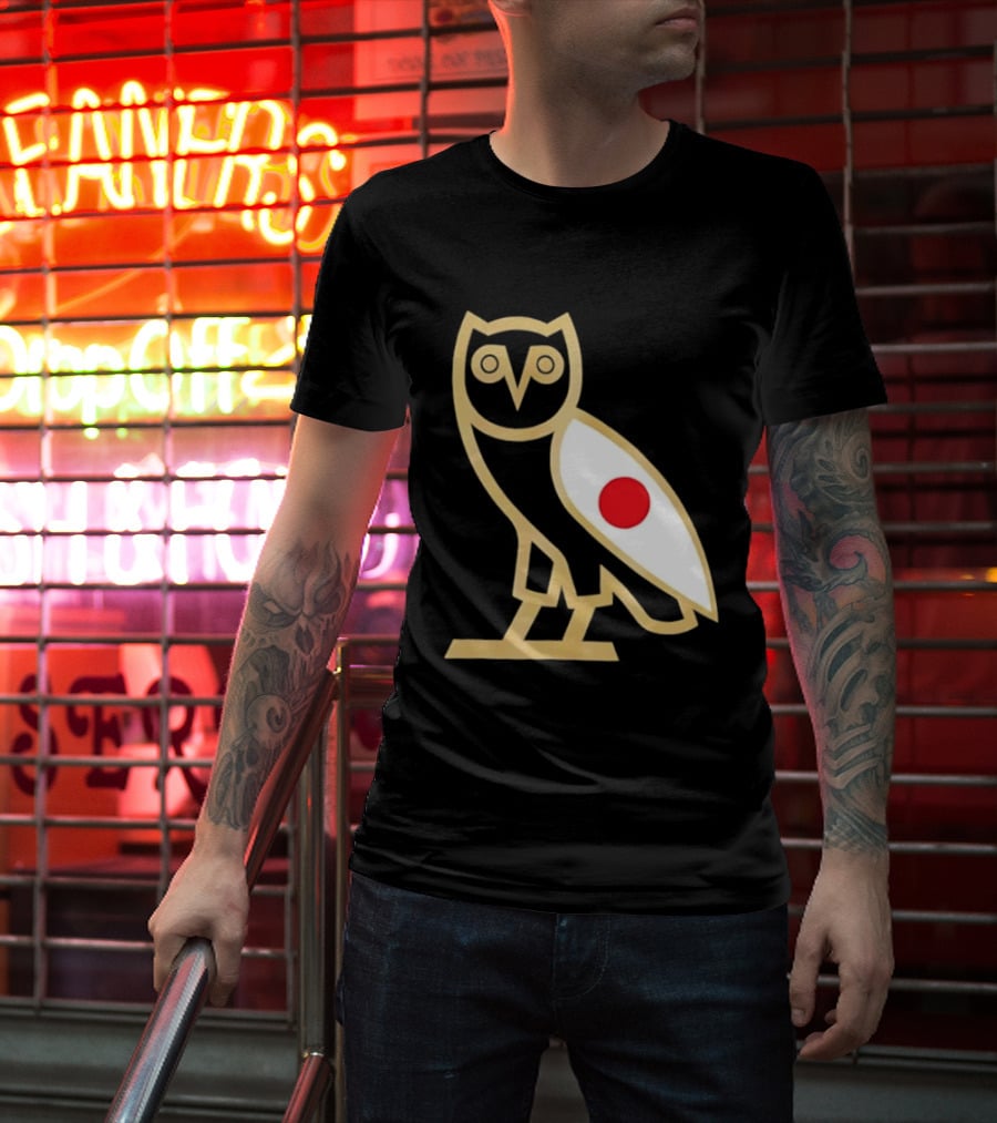 OVO Owl Japan Flag Icon Gold Outline And Red Circle Motif T-Shirt