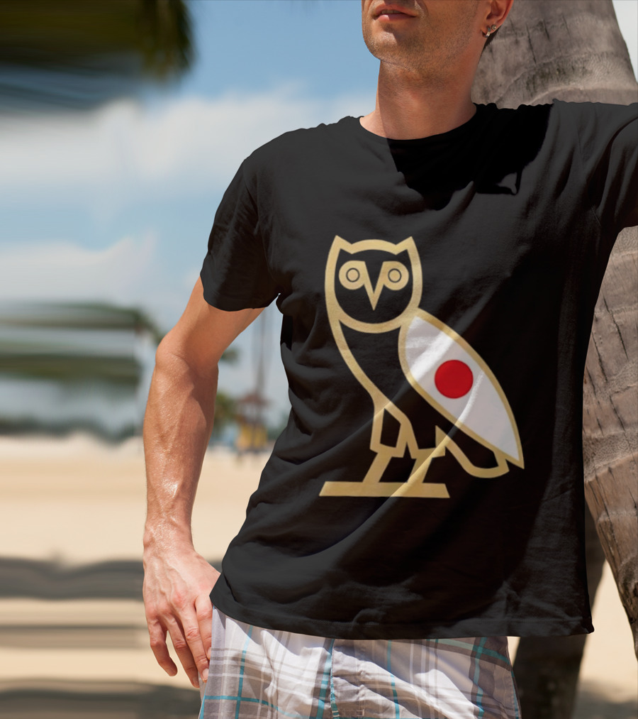OVO Owl Japan Flag Icon Gold Outline And Red Circle Motif T-Shirt