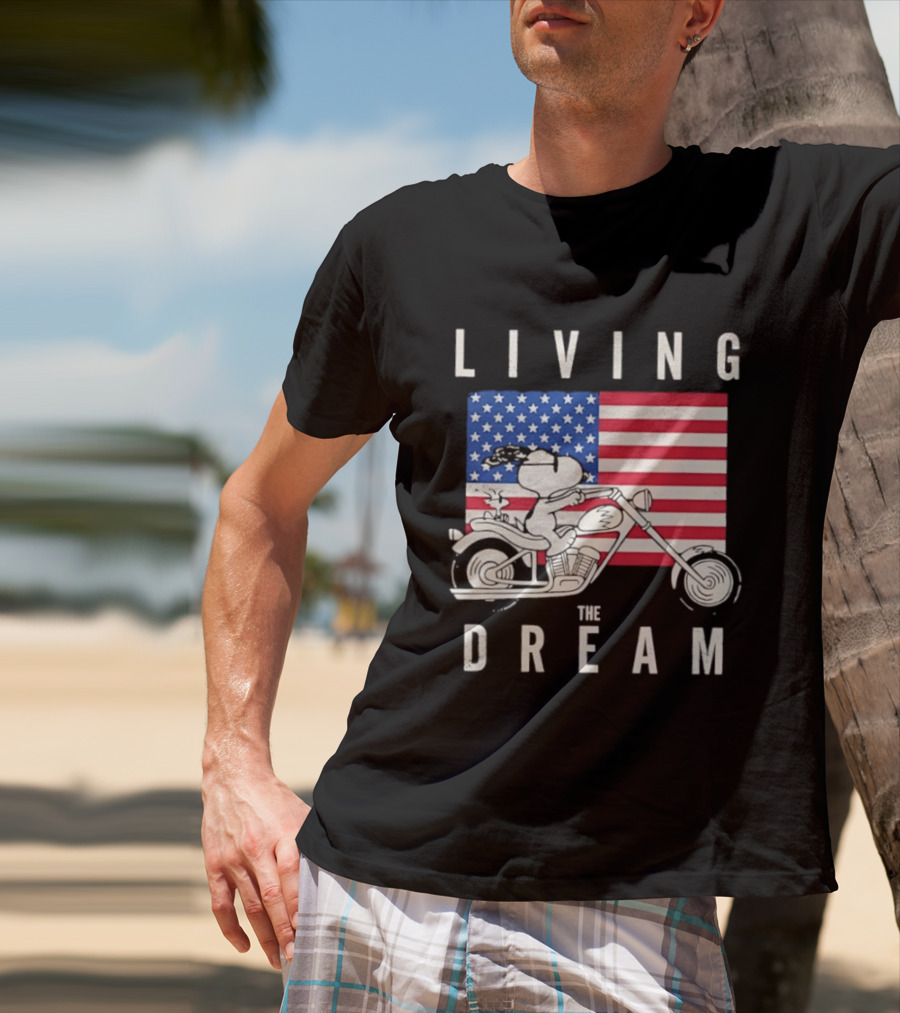 Living The Dream Snoopy Woodstock Motorcycle American Flag Peanuts T-Shirt