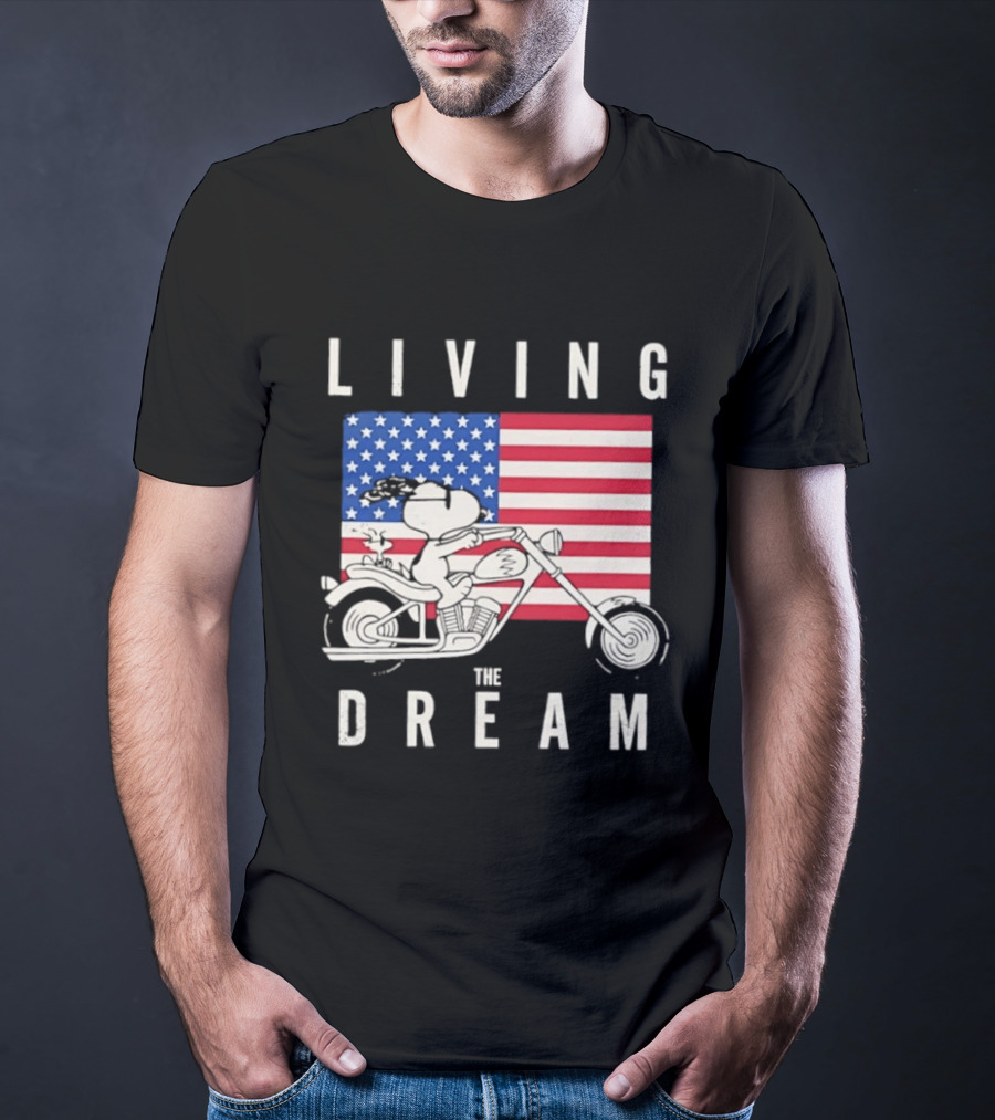 Living The Dream Snoopy Woodstock Motorcycle American Flag Peanuts T-Shirt