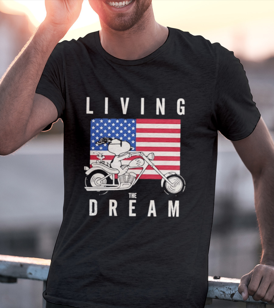 Living The Dream Snoopy Woodstock Motorcycle American Flag Peanuts T-Shirt
