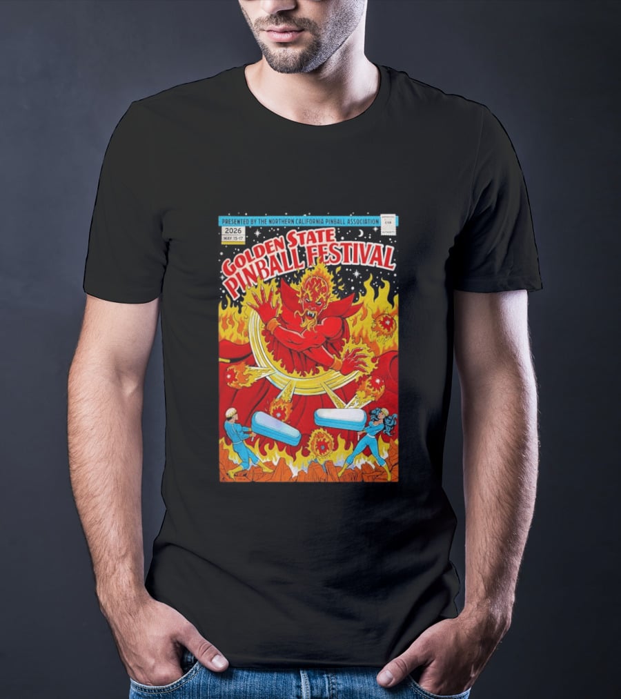 Golden State Pinball Festival Northern California May 2026 Fire Demon Battle T-Shirt