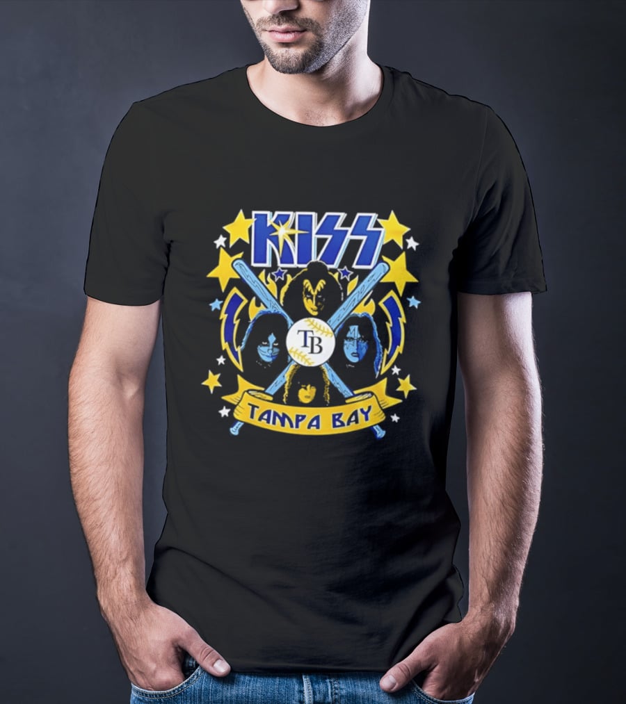 KISS Tampa Bay Baseball Bats Stars Lightning Blue Yellow T-Shirt