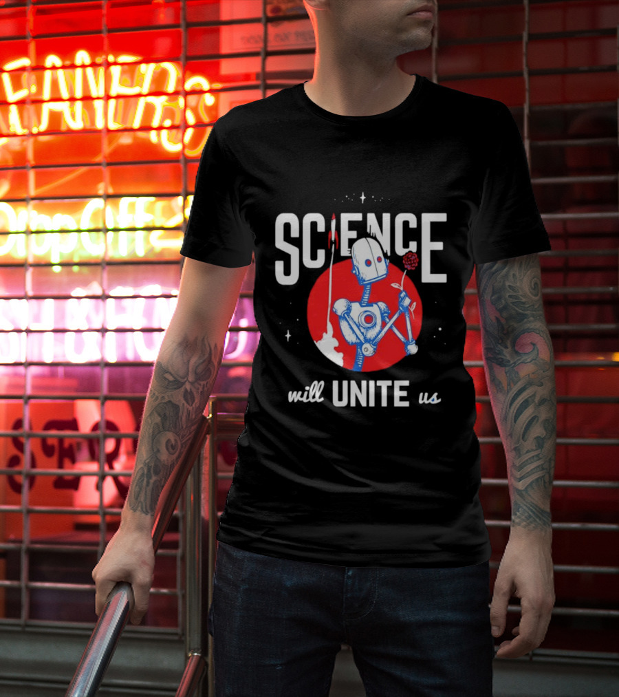 Science Will Unite Us Robot Holding Rose Red Rocket T-Shirt