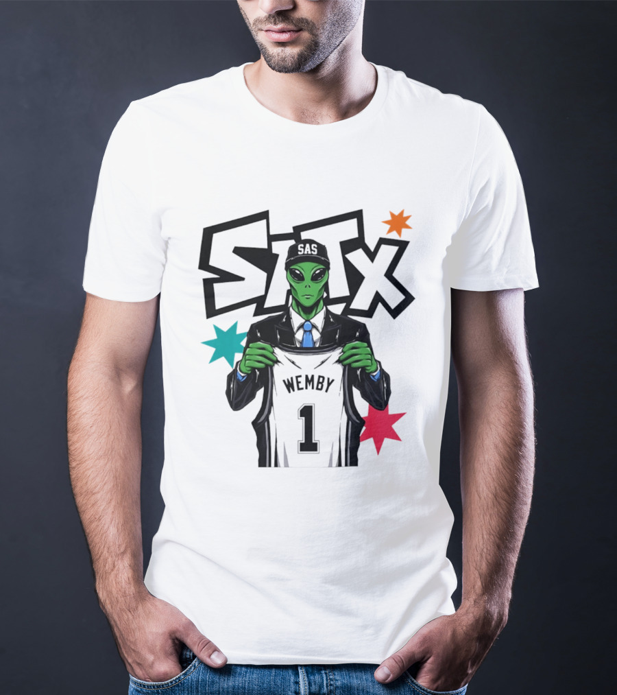 STX SAS Alien Wemby Holding Spurs Jersey Victor Wembanyama T-Shirt