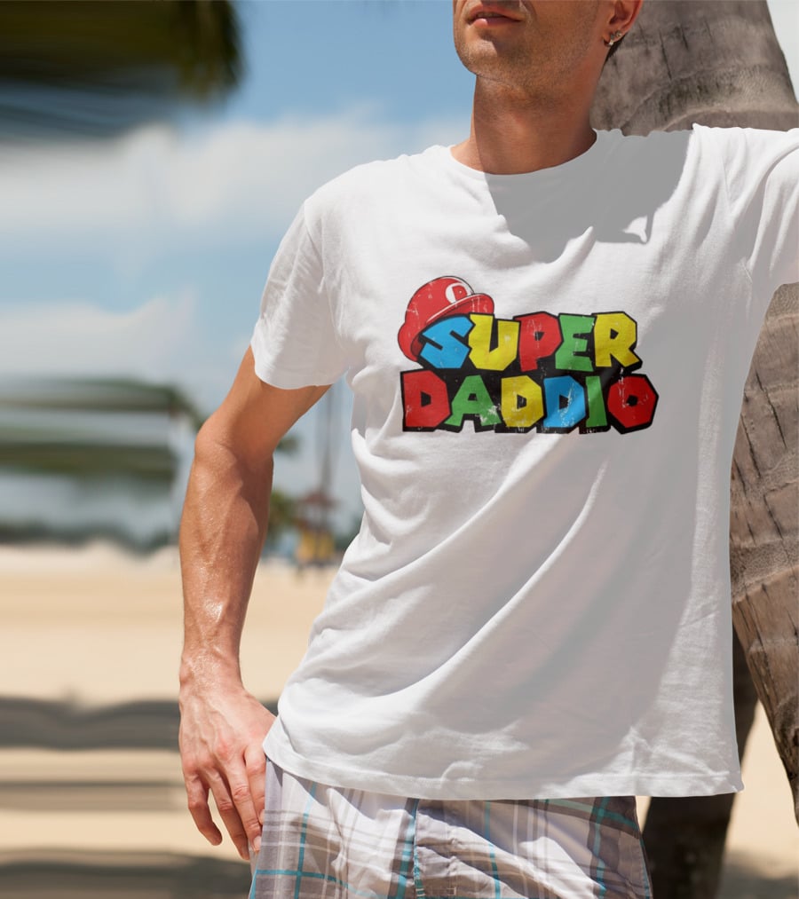 Super Daddio Mario Cartoon Colorful Text With Red Hat T-Shirt