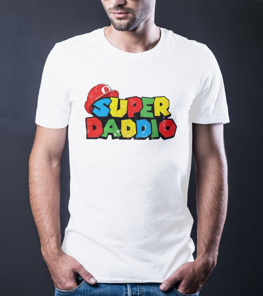 Super Daddio Mario Cartoon Colorful Text With Red Hat T-Shirt