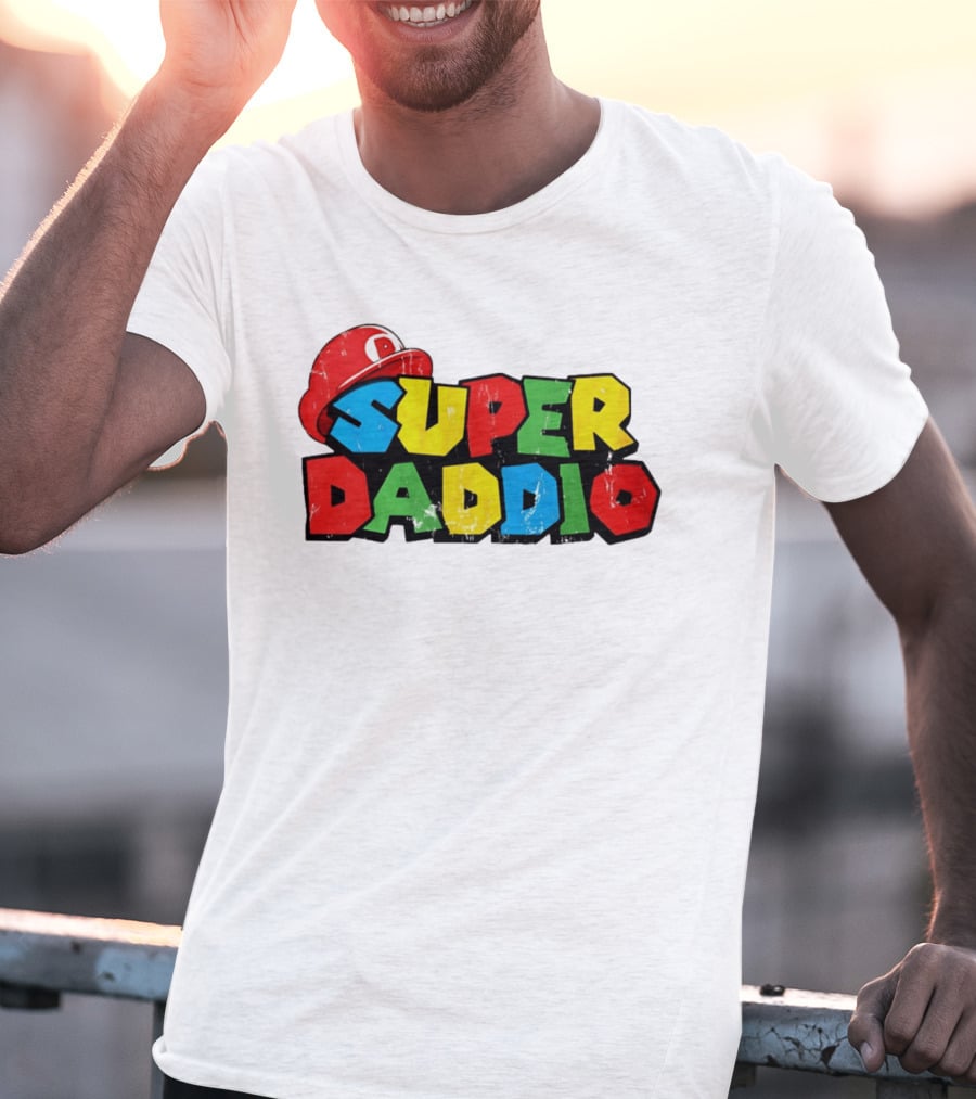 Super Daddio Mario Cartoon Colorful Text With Red Hat T-Shirt