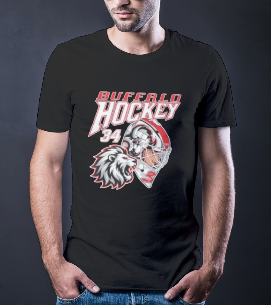 Buffalo Hockey 34 Alex Lyon Lion Graphic With Hockey Helmet T-Shirt