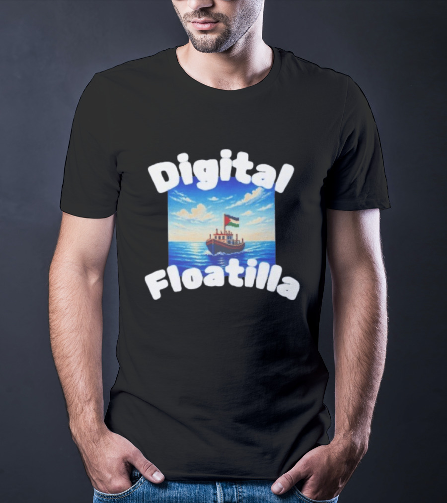 Digital Floatilla Boat With Flag On Ocean Waves T-Shirt