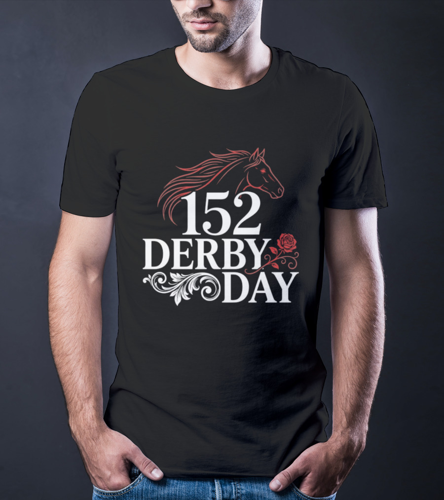 152 Derby Day Horse Racing Event With Floral And Horse Head T-Shirt