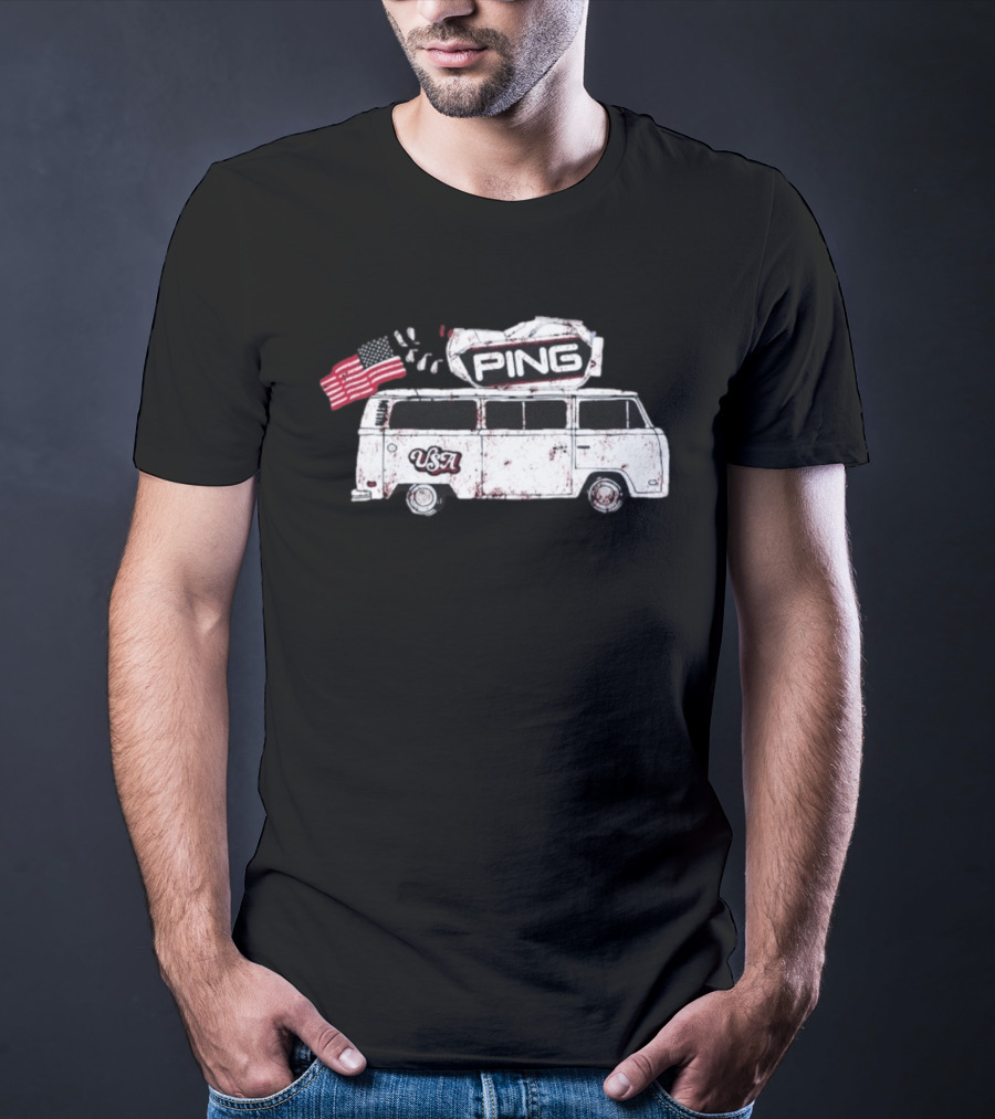 Ping USA Vintage Bus With American Flag And Surfboard T-Shirt