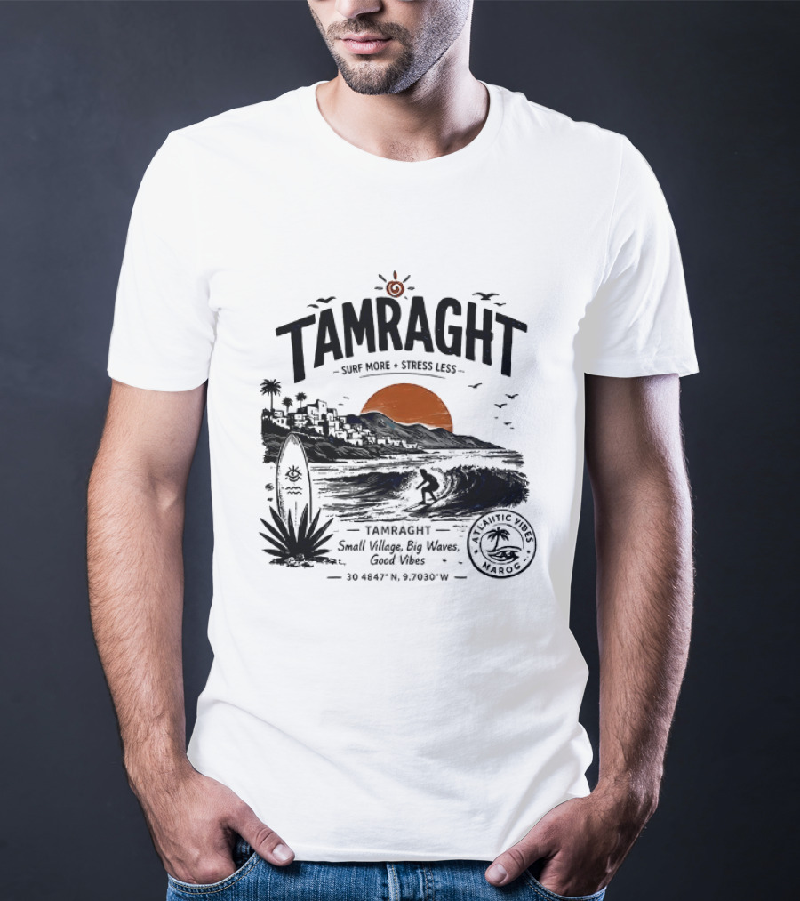 Tamraght Surf More Stress Less 2026 Sunset Palm Trees Good Vibes Agadir Coordinates T-Shirt