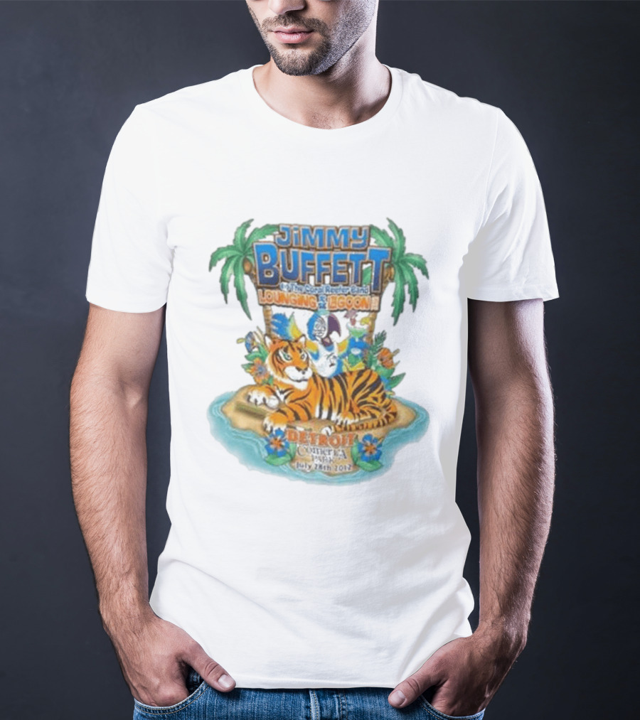 Jimmy Buffett The Coral Reefer Band Lounging At The Lagoon Detroit Comerica Park July 28th 2012 Tiger Palm Trees T-Shirt