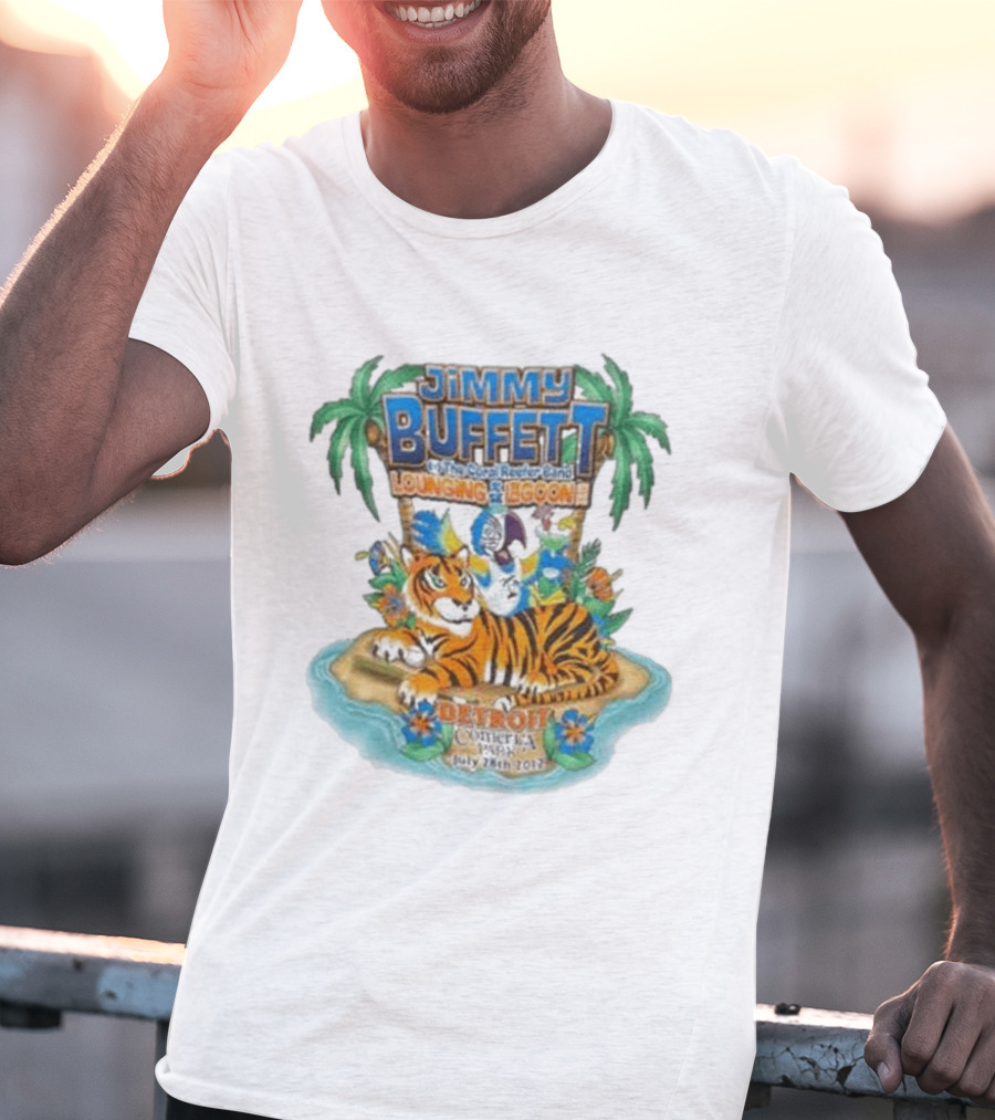 Jimmy Buffett The Coral Reefer Band Lounging At The Lagoon Detroit Comerica Park July 28th 2012 Tiger Palm Trees T-Shirt