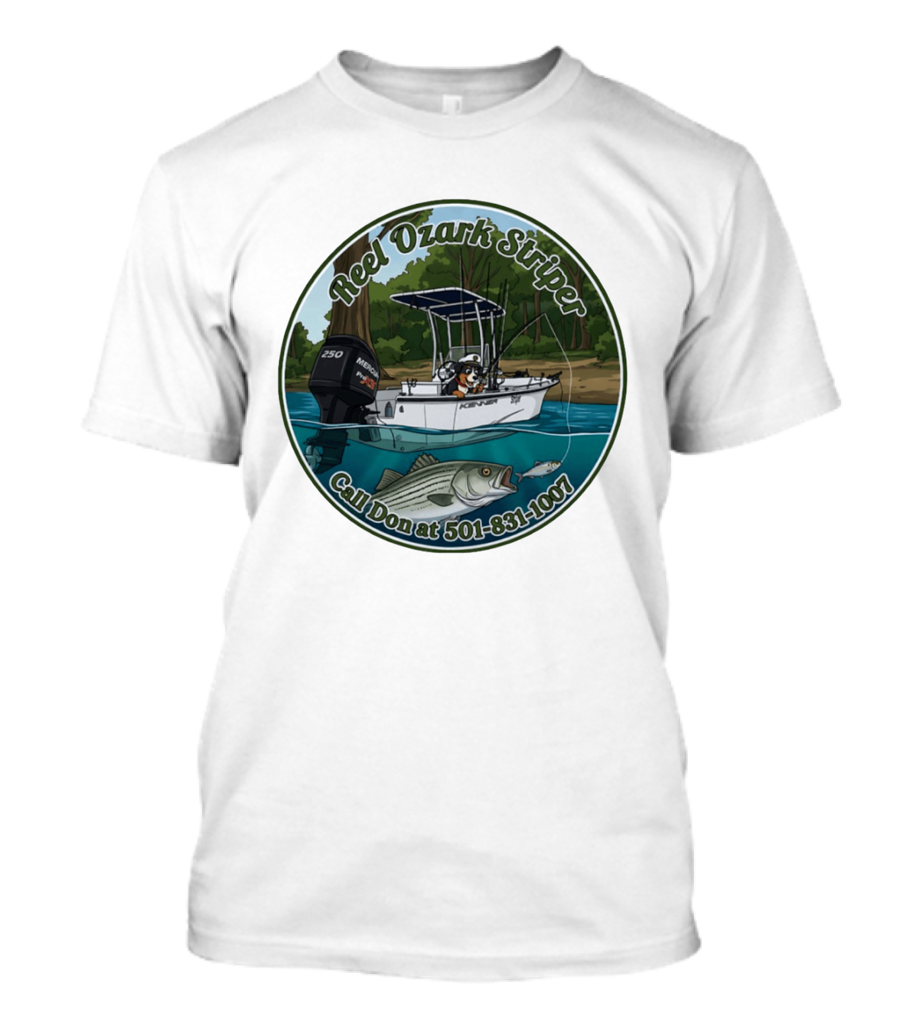 Reel Ozark Striper Call Don At 501 831 1007 Fishing Boat And Bass T-Shirt