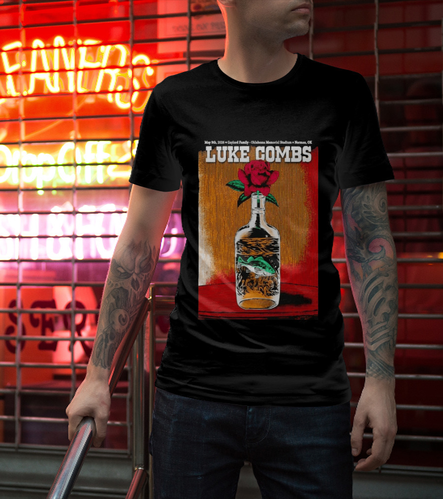 May 09 2026 Luke Combs Tour Norman OK Red Rose Fish In Bottle T-Shirt