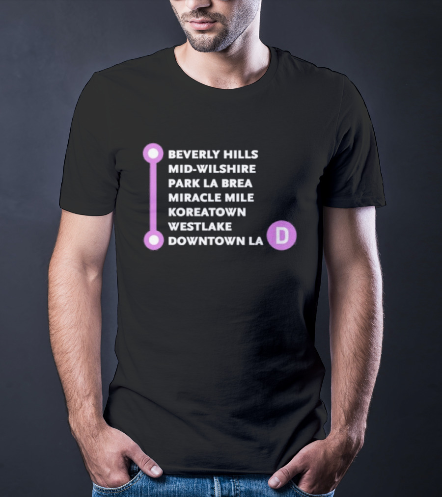 Beverly Hills Mid Wilshire Park La Brea Miracle Mile Koreatown Westlake Downtown LA D Map Purple Circle Route T-Shirt