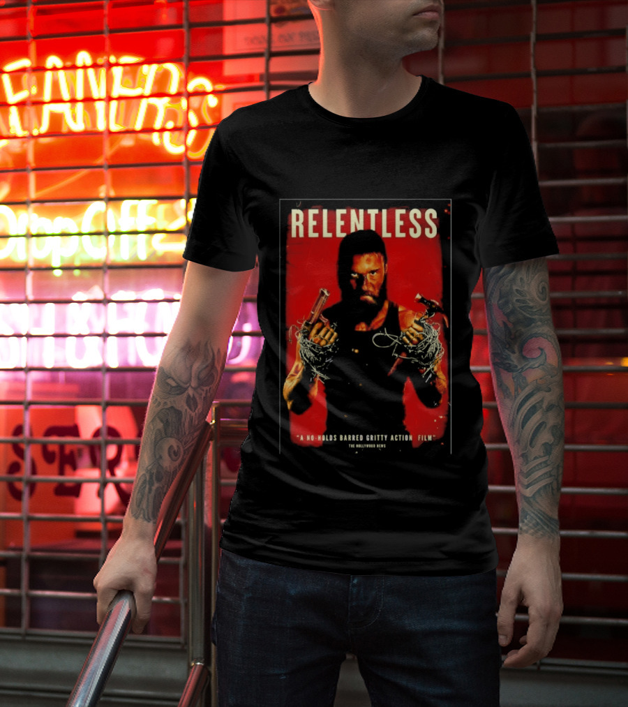 Relentless A No Holds Barred Gritty Action Film Guns Intense Stare Red T-Shirt