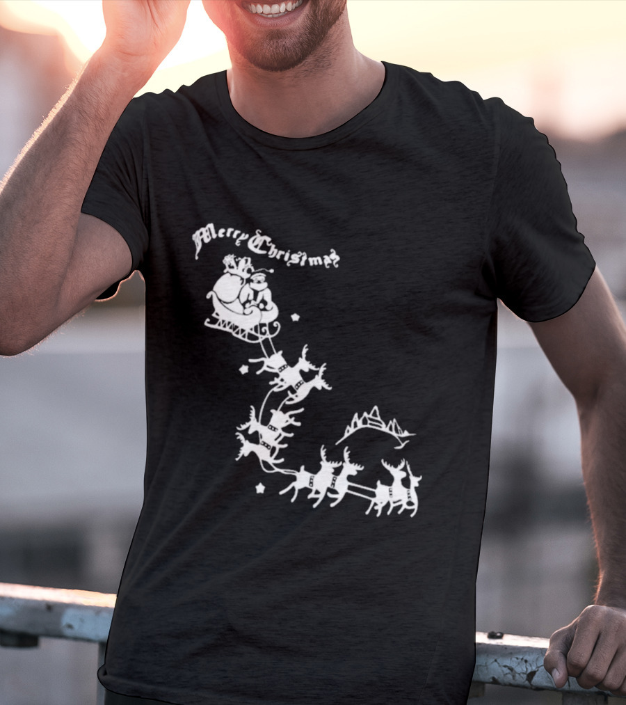 Merry Christmas Santa Sleigh Reindeer In Night Sky With Mountains Isla Gordon T-Shirt