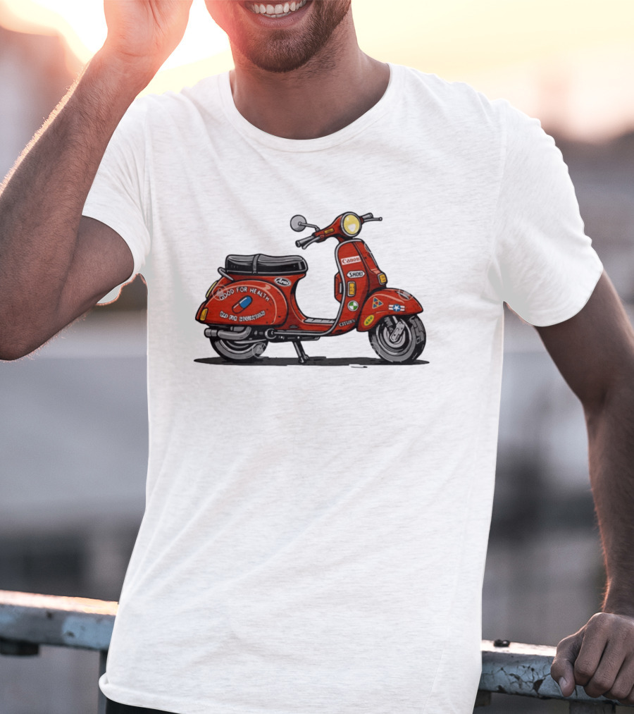 Kaneda's Vespa With Good For Health Sticker Citizen And Canon Shoei Arai Logos T-Shirt